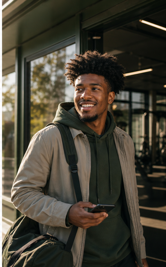 A smiling person arriving at the gym with their phone