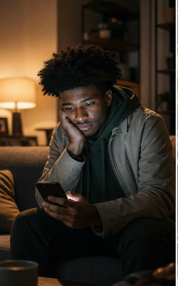 A distracted person looking at their phone at home