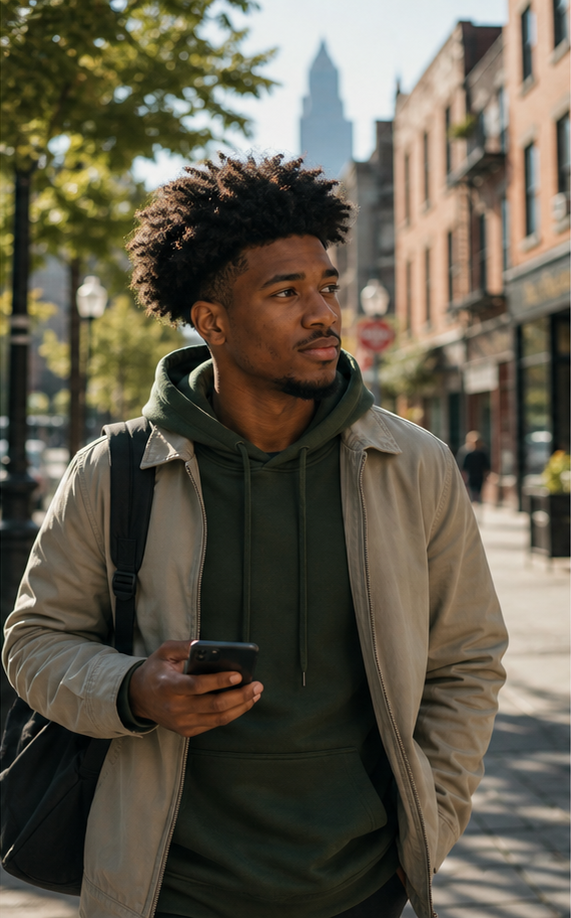A person walking outside down a city street toward their destination